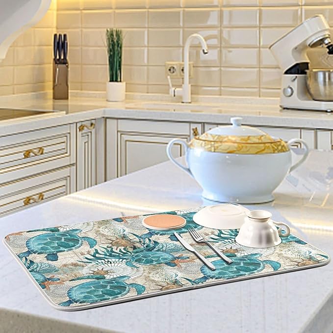 Absorbent Dish Drying Mat for Kitchen Counter - Watercolor Lake Bottom Microfiber Drying Pad, Reversible Drainer Mats for Countertop, Small 16 x 18 inch