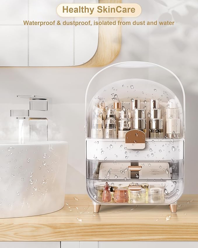 Makeup Organizer with Lipstick Holder, Skincare Organizers Storage Box Cosmetic Display Cases, Teen Girl Gifts Make up Organizers for Vanity, Dresser, Countertop, Bathroom(Rose Gold)