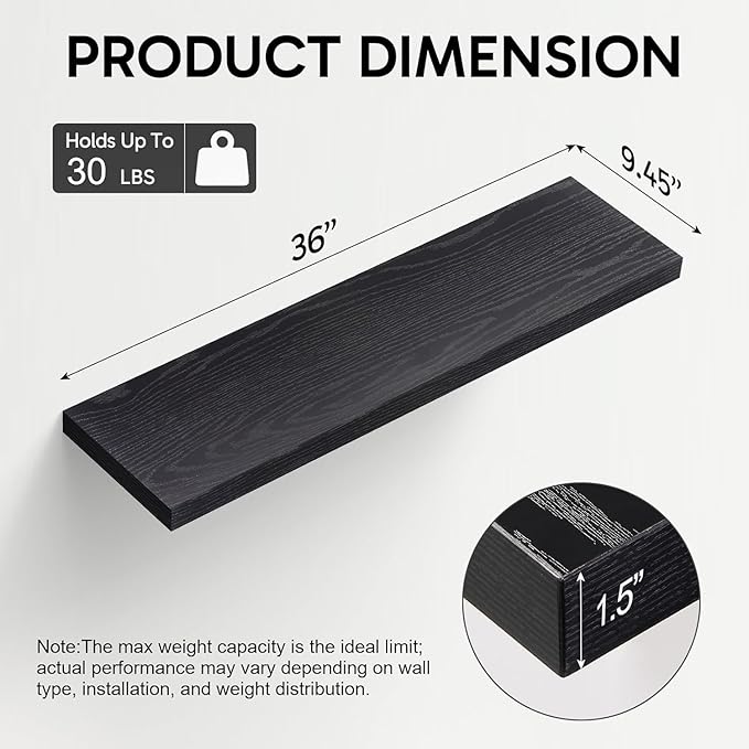 BAYKA Floating Shelves for Wall, 36 inches Long Wall Mounted Rustic Wood Shelves for Bathroom, Bedroom, Living Room, Kitchen, Office, Hanging Shelf for Books/Storage/Decor(Black,Set of 2)-NeatNest