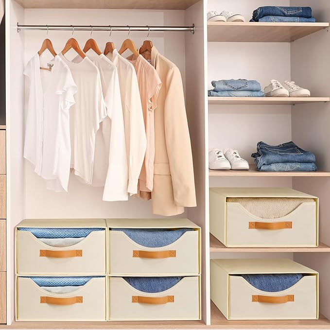 4 Pcs Closet Drawers and Large Size Clothes Storage Bins Push-Out Storage Stackable Shelf Drawers with See-Through Window Closet Organizers for Bedroom, Living Room, Under Bed, Beige-NeatNest