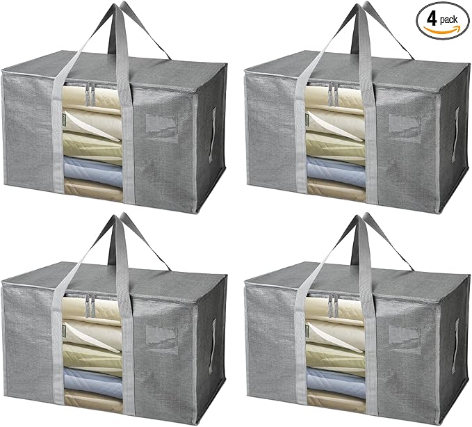 BALEINE 4-Pack Oversized Moving Bags with Reinforced Handles, Heavy-Duty Storage Tote for Clothes, Moving Supplies (Grey with Window, 4 Pack)-NeatNest