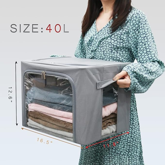 Stackable Clothes Storage Box for Clothing Gadgets,Steel Frame Storage Bins for Toys Gift,Foldable Oxford Fabric Closet Organizer Bag Set w/ Carry Handles Clear Window (Medium- 40L x3 Pack, Grey)-NeatNest