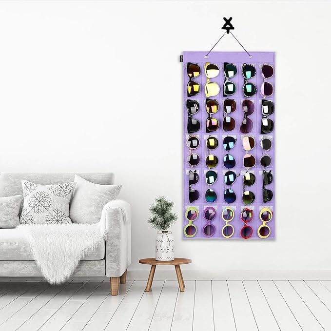 AROUY Sunglasses Organizer - Hanging Wall Pocket with 25 Felt Slots, Metal Hook and Sturdy Rope (Purple, Large)-NeatNest