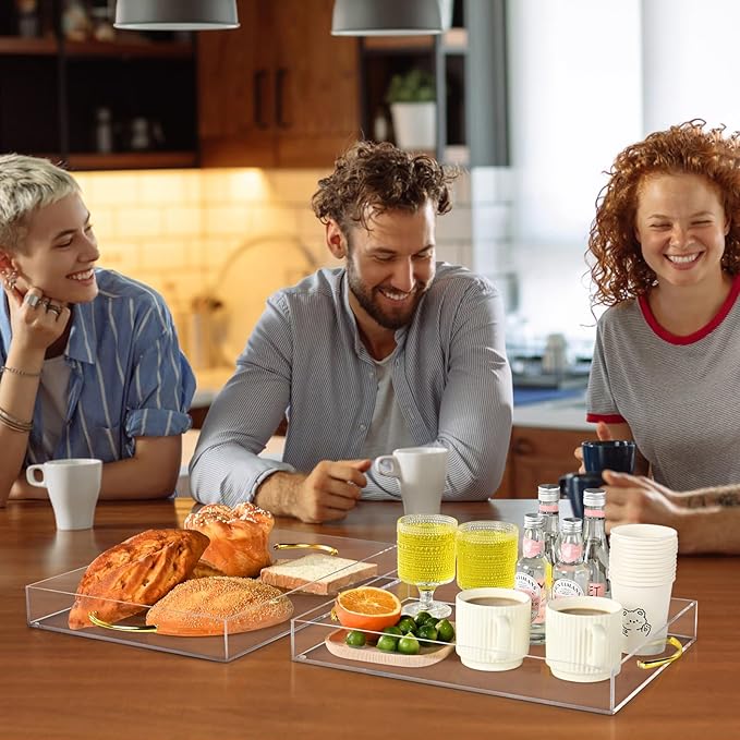 Acrylic Serving Tray with Gold Handles 2 Pcs, Clear Acrylic Tray for Coffee Table Countertop Serving Food, Large Capacity, 16"x12" & 15.2"x11.2"