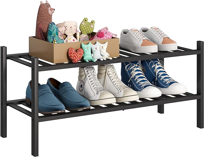 BMOSU 2-Tier Bamboo Shoe Rack Premium Stackable Shoe Shelf Storage Organizer for Hallway Closet Living Room Entryway Organizer (Black Bamboo)-NeatNest