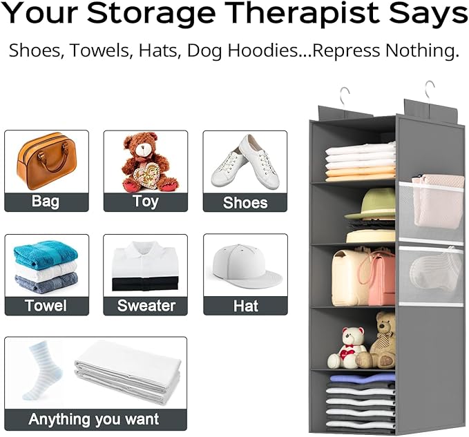 Extra Deep Hanging Closet Organizer with Shelves and Oversized Mesh Pockets, Heavy-Duty Structure, No Deformation, Max Storage for Clothes, Shoes, Hats, Dorms and RVs,1-Pack (Grey, 5 Tier)-NeatNest