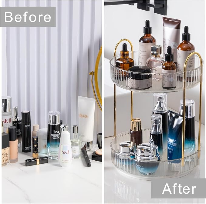 Rotating Makeup Organizer for Vanity, High-Capacity Skincare Clear Make Up Storage Perfume Organizers Cosmetic Dresser Organizer Countertop 360 Spinning (Clear, 2 Tier)-NeatNest