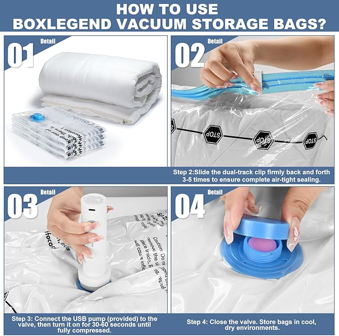 BoxLegend Vacuum Storage Bags with Electric Pump 22 Combo (1X-Jumbo, 4 Jumbo, 9 Large, 8 Medium) Thickened Vacuum Seal Bags for Clothing Space Saving for Coat Quilt Blanket Pillow Comforters-NeatNest