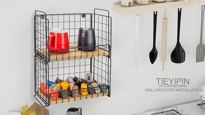 TIEYIPIN 2-Tier Stackable Metal Wire Hanging Baskets, Fruit Basket,Snack Station for Countertop, Coffee Bar Storage Organizer with Detachable Wooden Base, Rustic Farmhouse Counter Shelf - Black