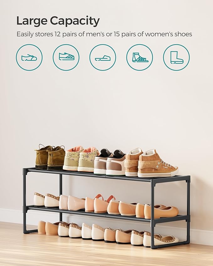 SONGMICS Shoe Rack, 2-Tier Shoe Organizer, Metal Storage Shelf, Upright or Upside Down, for 12-15 Pairs, Stackable, for Entryway, 11.8 x 36.2 x 13.4 Inches, Black ULSA12BK-NeatNest