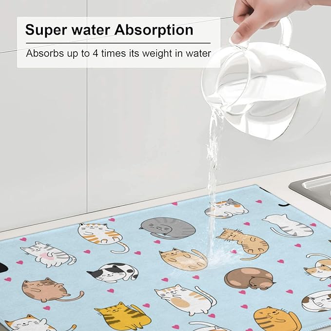 Cute Cat Dish Drying Mat 18 x 24 Inch for Kitchen Counter Cute Kitchen Mat Microfiber Kitchen Countertop Absorbent Reversible Drainer Rack Pad Dish Drying Mat-NeatNest