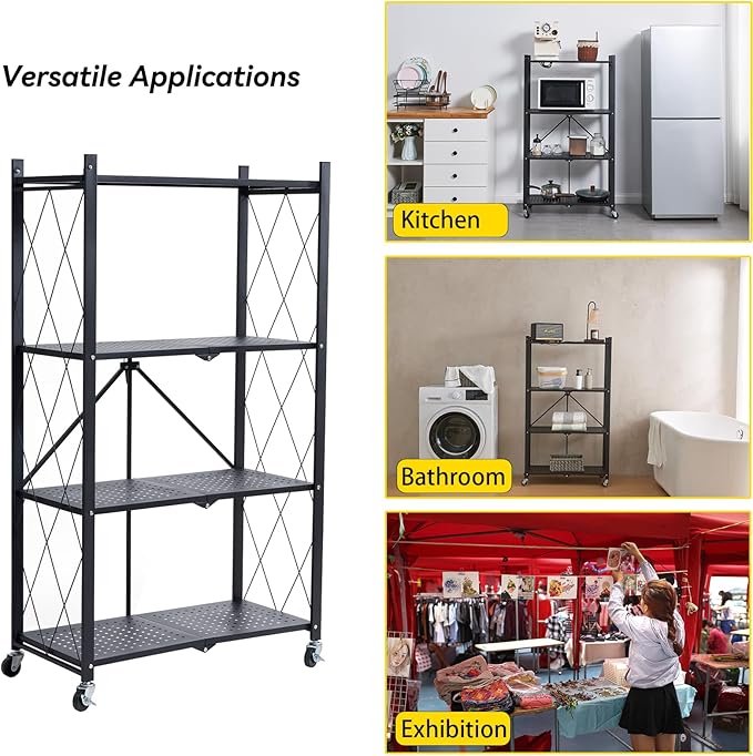 BRIAN & DANY 4-Shelf Foldable Storage Shelves with Wheels, Folding Metal Rack Shelving Unit, Heavy Duty No Assembly Organizer Shelf for Garage, Kitchen, Basement, Pantry, Black-NeatNest