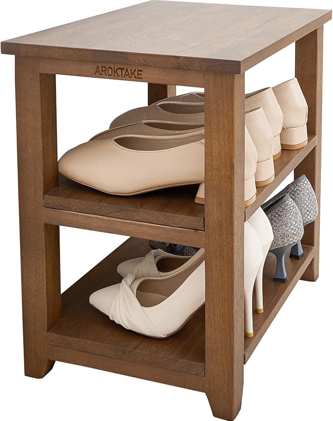 Small Shoe Rack Bench, 2-Tier Solid Wood Heavy Duty Shoe Organizer Shelf for Entryway, Living Room,Bedroom (Brown, 11.81"x15.75"x16.54")