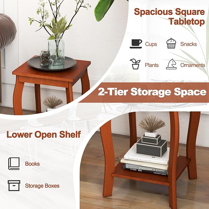 GOFLAME 2-Tier Square End Table, Mid-Century Modern Sofa Side Table with Storage Shelf, Solid Wood Legs, Compact Accent Table, Nightstand for Living Room, Bedroom, Small Space, Walnut