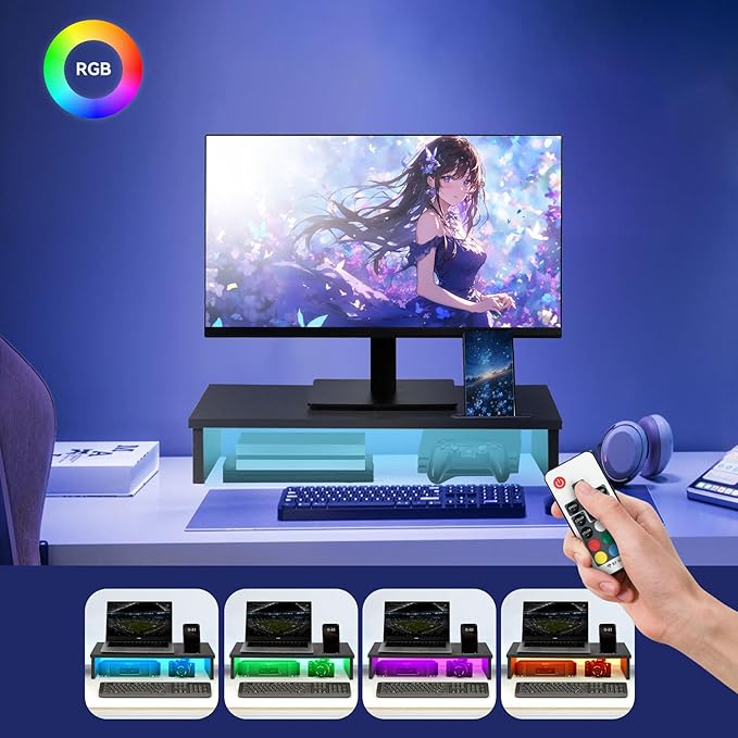 21" Monitor Stand Riser with LED Lights and Phone Holder, Monitor Stand for Desk, Computer Monitor Stand, Desk Shelf for Top of Desk, Desktop Organizer for Laptop, Printer, TV