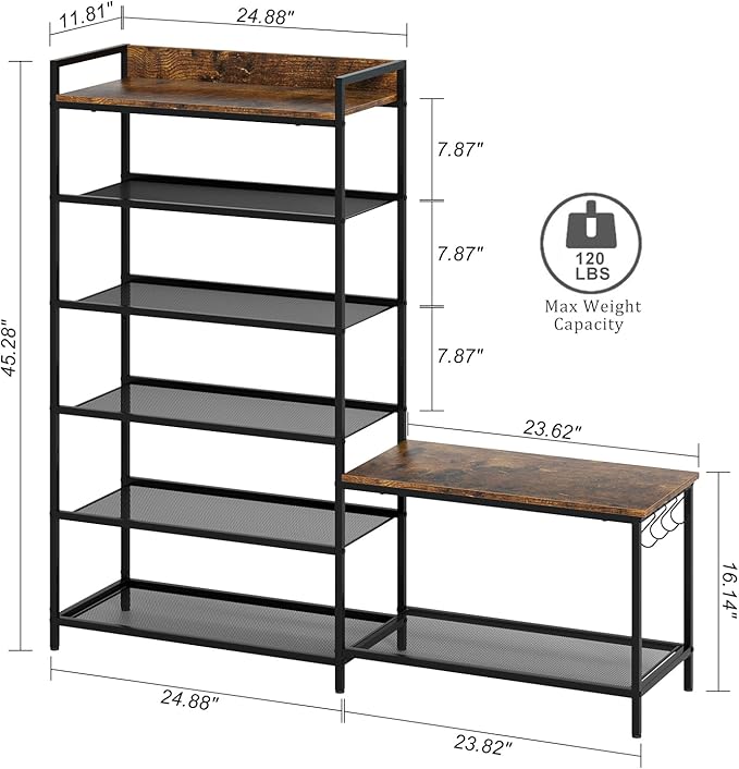 Shoe Rack Bench Storage Organizer for entryway,6-Tier Industrial Free Standing Shoe and Boot Racks with Seat,Entrance Shoe Rack Organizer Shelves for High Heels,Hallways, Closets,Brown,48.7in-NeatNest