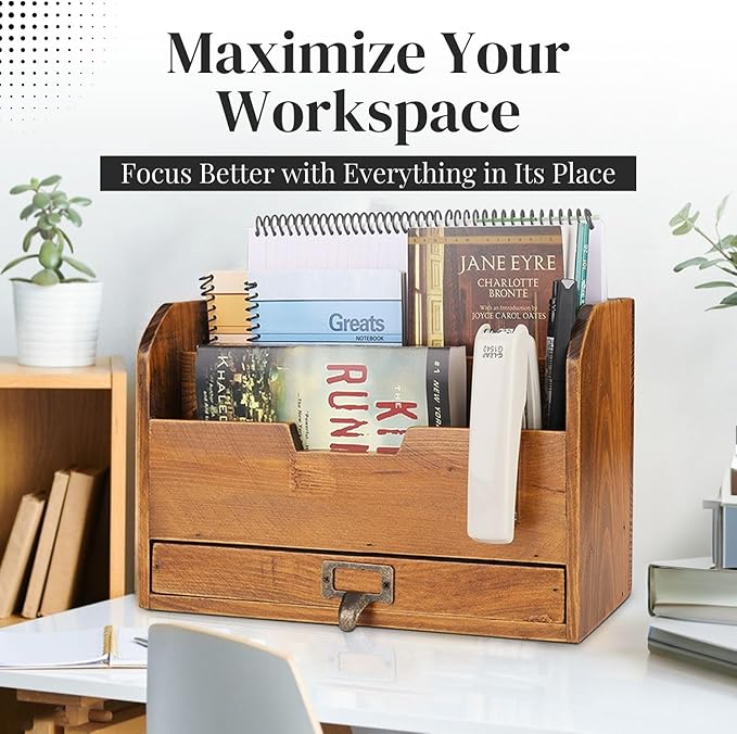 Flexzion 3 Tier Wooden Desk Organizer - Country Rustic Compartments Slot File Tray Pencil Sorter Shelf Holder Supplies Rack Accessories Set with Storage Drawer for Desktop Tabletop Office Home Brown-NeatNest
