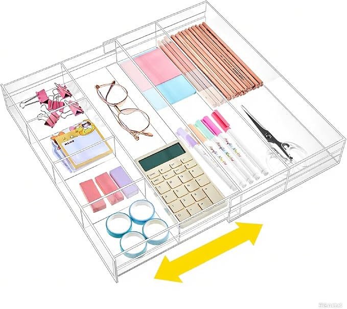 Acrylic Drawer Organizer Maximum 15.7 x 14.4 x 2.2 Inch Expandable Clear Drawer Organizer Pens Notebook Ruler Makeup Tray with 7 Adjustable Compartments for Desk Office Kitchen Bathroom