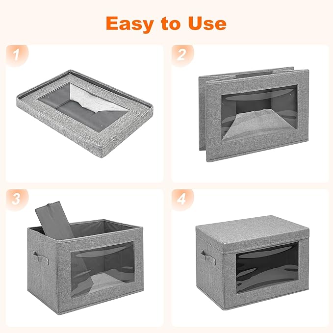 4-Pack Fabric Storage Bins with Lids, Foldable Storage Boxes with Handles & Clear Window, Closet Organizers for Clothes, Books (Grey, 4PCS/14.9 x 9.8 x 9.8 in)-NeatNest
