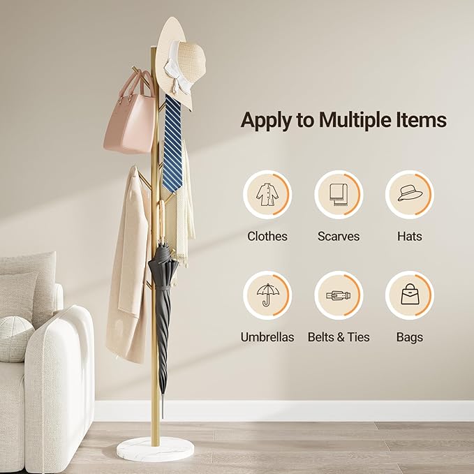 ELYKEN Coat Rack Freestanding with Natural Marble Base, Metal Coat Rack Stand with 10 Hooks, 3 Adjustable Size Coat Tree for Bags, Clothes, and Hats for Entryway, Bedroom, Hallway, Office, Gold-NeatNest