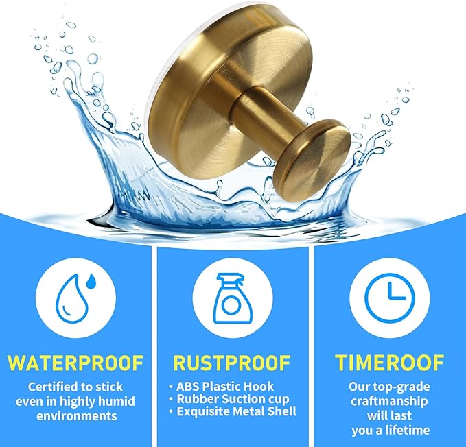 2 Pack Suction Cup Hooks for Shower, Exquisite Metal Shell & No Drill suction hooks for shower wall for Bathroom Wall, Kitchen, Glass, Mirror, Tile to Hang Towels, Robes, Loofah - Wire-Drawing Gold