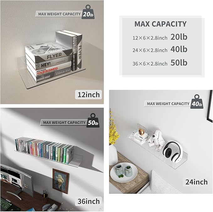Acrylic Wall Shelves 36 24 12 Inches, Clear Floating Shelf for Wall, Wall Mounted Display Shelves for Plants, Radio, Funko Pop, Stuffed Animal, Books, Clock, Cosmetics, Toiletries-NeatNest