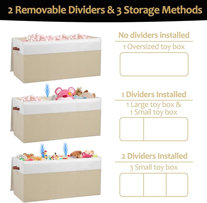 Extra Large Toy Storage Box with Lid, Sturdy Toys Storage Chest Bin Organizer Basket with Dividers for Kids, Boys, Girls, Nursery, Closet, Bedroom, Playroom 35.5"x17" x17" (Beige and White)-NeatNest