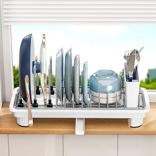 Compact Dish Drying Rack with Utensil Holder – Small Countertop Dish Drainer with 360° Rotating Drain Spout, Stainless Steel Dish Rack for Kitchen Sink, Space-Saving Design for Small Kitchen, White-NeatNest