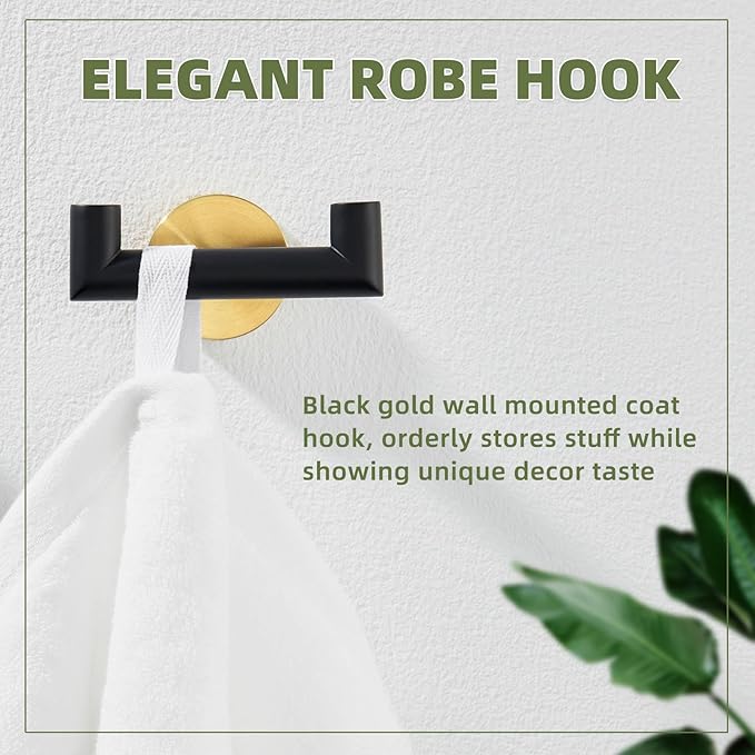APLusee Black Gold Double Towel Hook, Stainless Steel Robe Hook for Bathroom, Wall Mounted