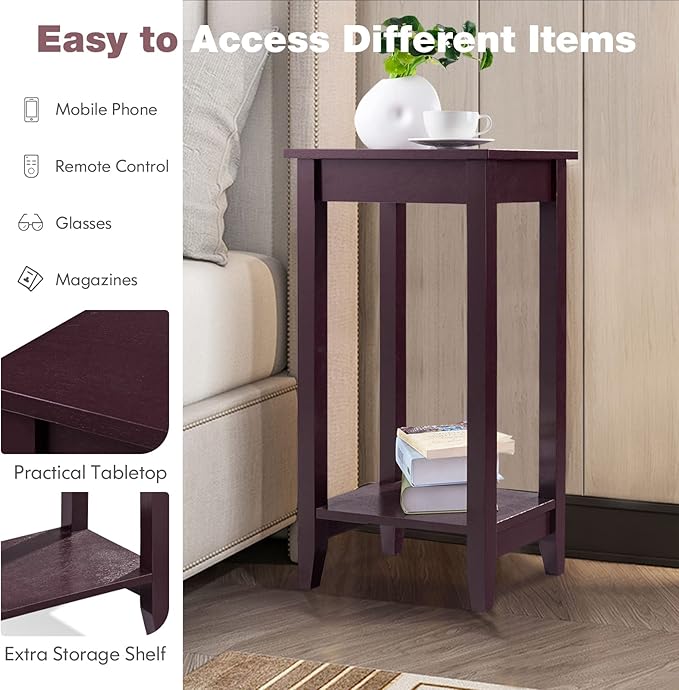 Giantex 2-Tier End Table Nightstand, Bedside Sofa Table for Living Room Bedroom, Narrow Telephone Table with Shelf and Legs for Small Spaces, Espresso