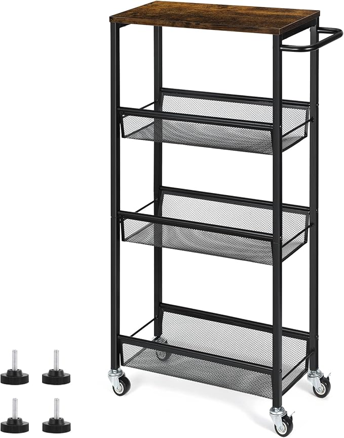 NANANARDOSO 4 Tier Slim Storage Cart, Shelving Unit for Small Space, Rolling Storage Cart with Wooden Top and Metal Handle for Narrow Space on Kitchen, Bathroom, Laundry Room, Black.