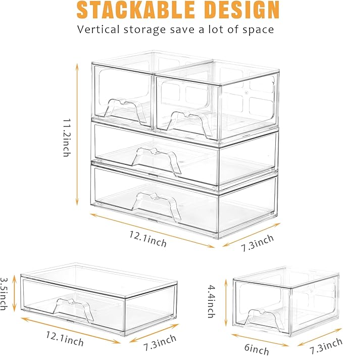 4 Pack Stackable Storage Drawers Clear Acrylic Organizer Bathroom Makeup Organizer and Storage for Beauty Supplies,Ideal for Vanity, Bathroom,Cabinet,Pantry Organization-NeatNest