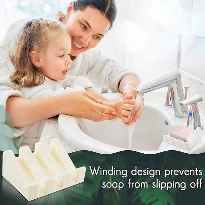 Cunhill 2 Pieces Silicone Soap Dish Self Draining Soap Dish Shower Waterfall Bar Soap Holder Tray with Drain Soap Saver for Kitchen Bathroom Accessories (Cream White)-NeatNest