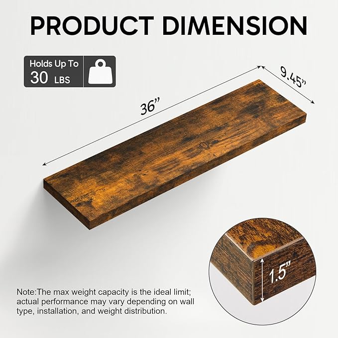 BAYKA Floating Shelves for Wall, 36 inches Long Wall Mounted Rustic Wood Shelves for Bathroom, Bedroom, Living Room, Kitchen, Office, Hanging Shelf for Books/Storage/Decor(Brown,Set of 2)-NeatNest