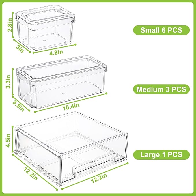 YINGRACE 10 Pack Fridge Organizer Bins, Stackable Refrigerator Organizers and Storage, With a Pull-out Large Drawer, BPA-Free Clear Containers For Fruit, Vegetable, Drinks