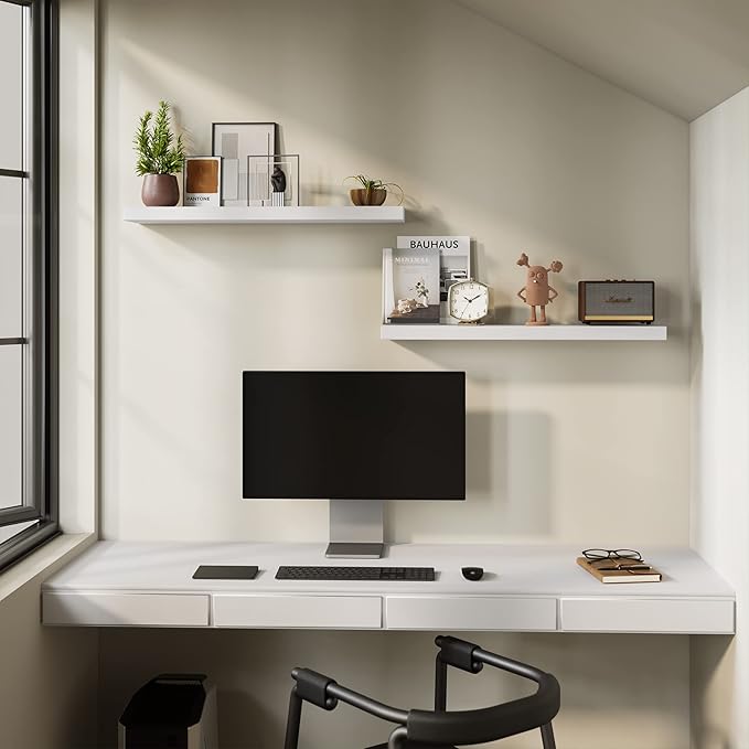 BAMEOS Floating Shelves, 35 in W x 7in D White Wall Mounted Wooden Shelves with Invisible Brackets Set of 2, Hanging Wall Shelves Decoration for Bedroom and Kitchen-NeatNest