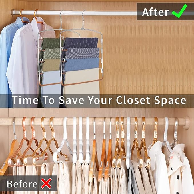FeeraHozer Pants Hangers Non Slip 3 Pack Space Saving Hangers Multi-Layer Swing Arm Stainless Steel Space Saver Rack for Jeans Scarf Trouser Clothes (Gold)-NeatNest