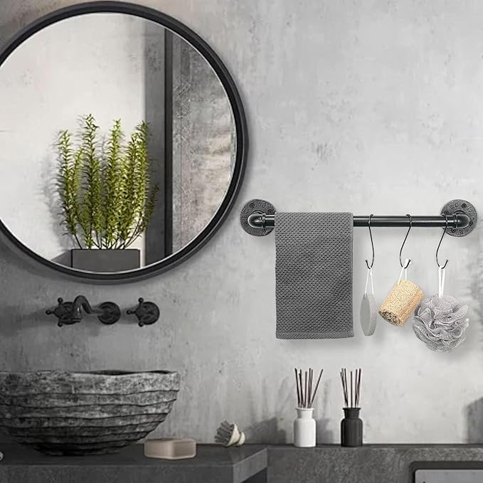 Industrial Pipe Towel Rack Towel Bar, Heavy Duty Wall Mounted Rustic Farmhouse Bath Towel Holder for Bathroom (Black, 16 inch)
