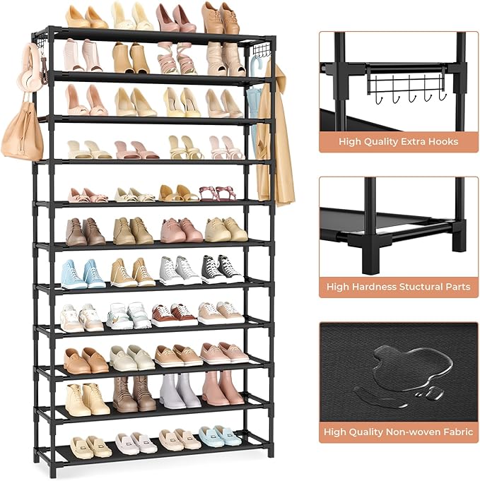 11 Tiers Tall Wide Shoe Rack 55 Pairs Large Capacity Sturdy Durable Shoe Rack for Closet Metal Shoe Organizer Shelf with Two Hooks Space Saving for Entryway Black-NeatNest