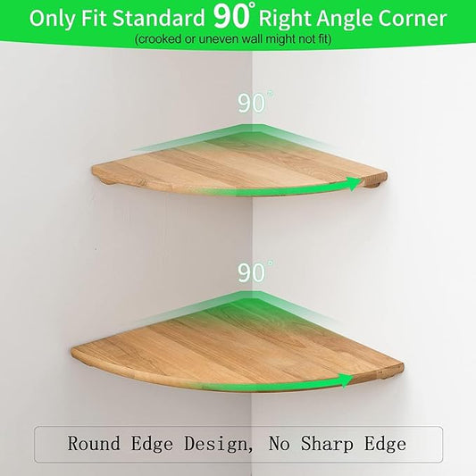 Corner Shelves, Floating Corner Shelf, Set of 2 Solid Oak Wood Wall Shelves, Round End Wall Mount with Wire Hole Shelving for Small Plant for Bedroom Kitchen, Living Room 8.7“-NeatNest