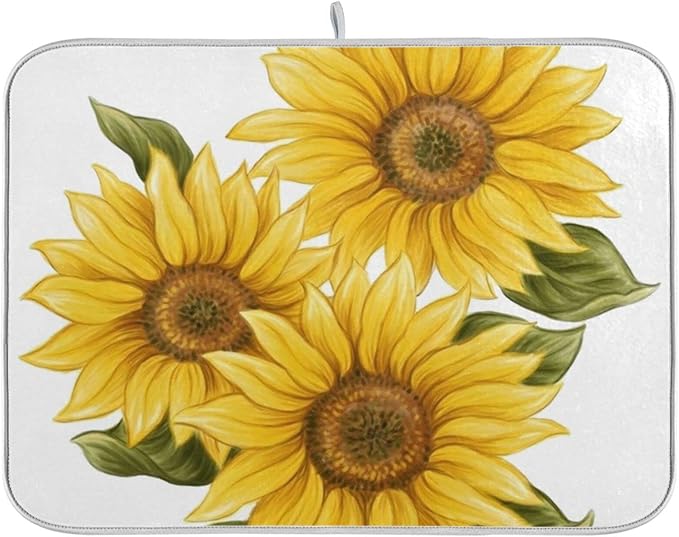 Absorbent Dish Drying Mat for Kitchen Counter - Yellow Sunflower Microfiber Drying Pad, Reversible Drainer Mats for Countertop, Small 16" x 18"