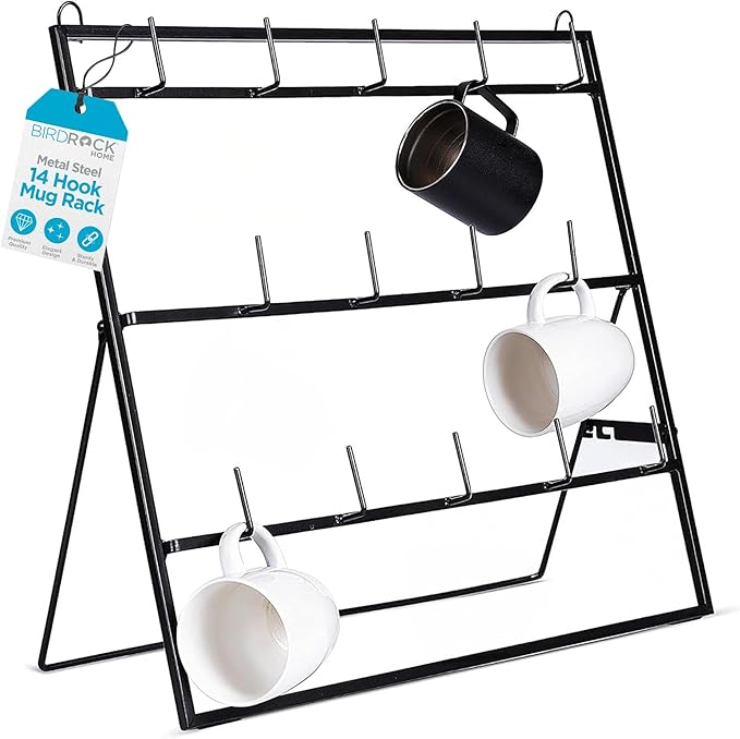 BIRDROCK HOME 14-Hook Mug Rack - Free Standing or Wall Mountable - Coffee Tea Cup Glass Storage Holder - Coffee Bar Display Décor - Decorative Kitchen Organizer - Flat Black Metal Steel-NeatNest