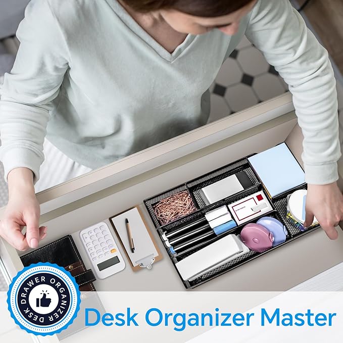 Desk Drawer Organizer, Office Drawer Divider Organizer Tray with 6 Compartments, Metal Mesh Desktop Organization and Accessories for Stationery Makeup Kitchen Toolroom School & Office, 11x6.1x1.38 in-NeatNest