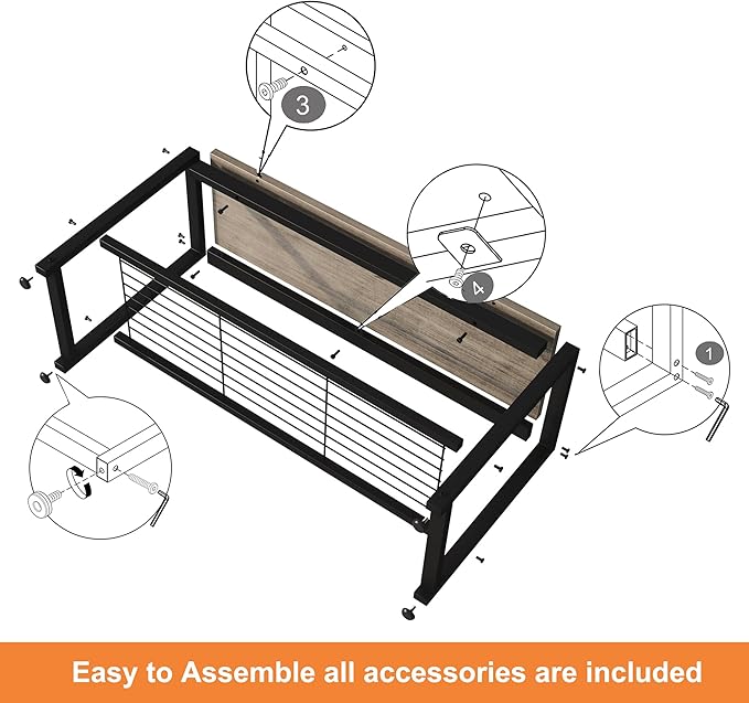 HOMEFORT 2 Tiers Shoe Bench, Retro Industrial Shoe Storage Bench with Mesh Shelf and Sturdy Metal Frame, Metal Shoe Rack Bench for Hallway, Mudroom, Living Room, Washed Gray