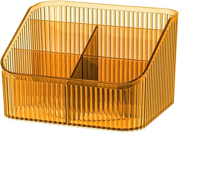 DASITON Large Capacity Makeup Brush Holder,5 Slot Makeup Brush Cup,Vintage striped Make Up Brush Holder,for Vanity Decor,Bathroom Countertops,Desk Storage Container,Cosmetic Display cases(Amber-L)-NeatNest