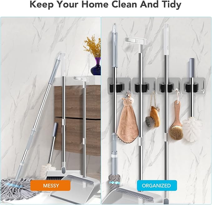 Mop Broom Holder No Drill, Mop Broom Organizer Wall Mounted Heavy Duty with Hooks Hanger, Self Adhesive Stainless Steel 4Pcs for Bathroom, Kitchen, Office (Silver)-NeatNest