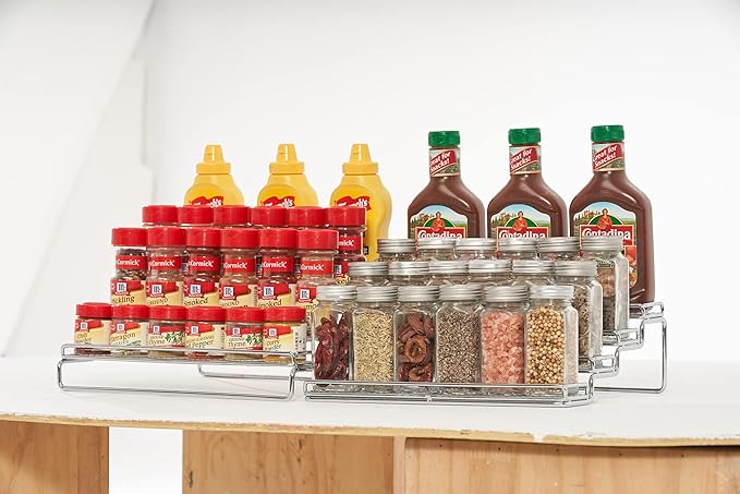 GONGSHI Spice Rack Organizer for Cabinet, 4 Tier Seasoning Organizer, Expandable Shelf,Step Storage Holder, Kitchen Cabinet Countertop,with Protection Railing, Metal (Chrome2 PC)-NeatNest
