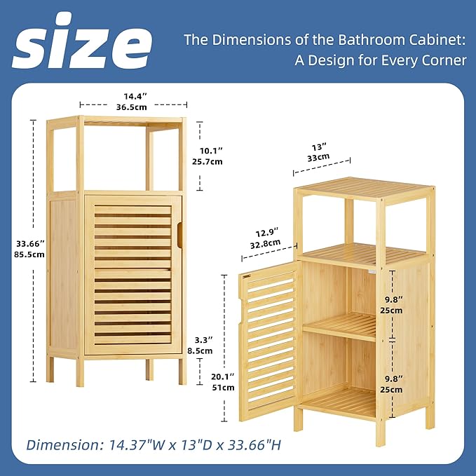 HITNET Bathroom Cabinet Freestanding, Small Bamboo Floor Cabinet, 4 Tier Single Door Sofa Side Table Storage Organizer, Space Saving Kitchen Cupboard, Natural