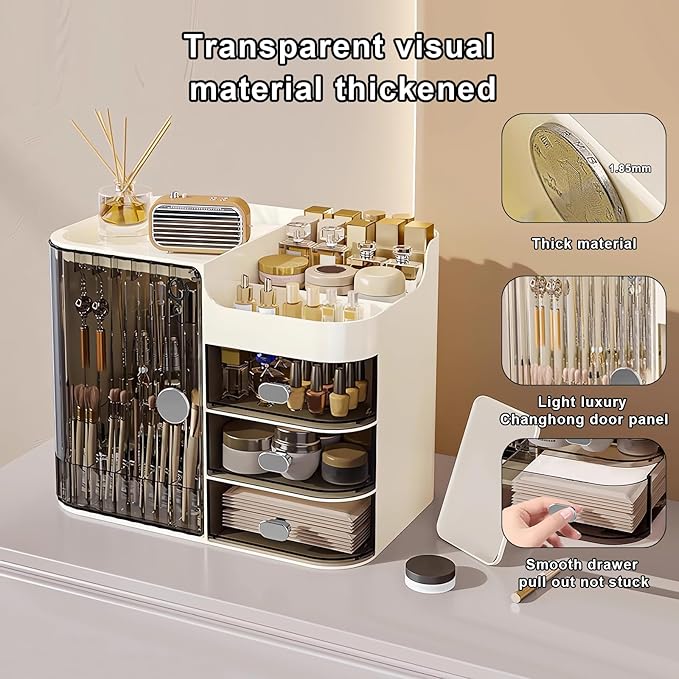 DASITON Makeup Organizer for Vanity,Large Capacity Makeup Storage Organizer with 3-Layer Drawers and Mirror,Cosmetics Display Case Make up Organizers for Vanity,Bedroom,Countertop(Black-Cream)