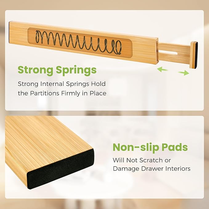 Drawer Divider, Adjustable Bamboo Kitchen Drawer Organizer, Spring Loaded Drawer Organizer, Dresser Separators for Kitchen, Bathroom, Clothes, Office Desk Storage (Natural, 4 Pack Large)-NeatNest